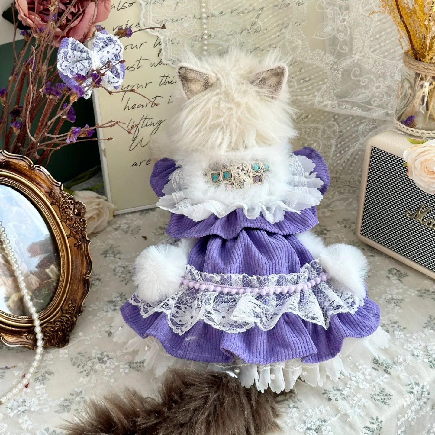 

Pet cat dog clothes Christmas dress purple corduroy lace trim warm outfit for autumn winter outdoor photography Costume for cat