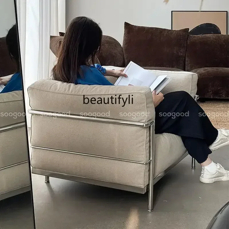 

LHY26 ssss 26 Living room retro French medium and ancient style single casual linen leather sofa designer