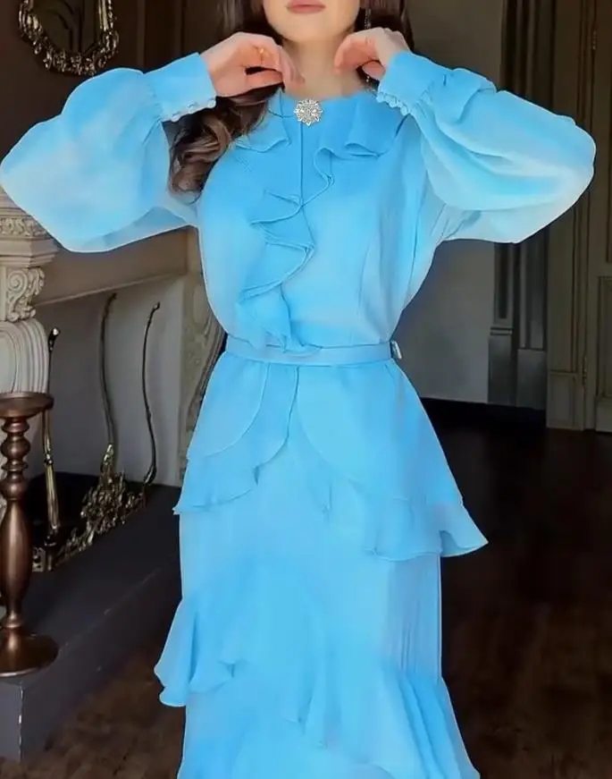French Rhinestone Button Decor Round Neck Lantern Sleeve Maxi Zipper Back Layered Ruffle Hem Chiffon Evening Dress with Belt