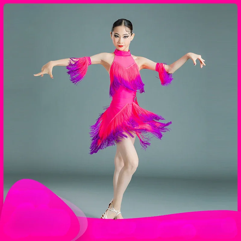 

2pcs-Children'S Latin Dance Dress for Girls Latin Competition Costumes Sleeveless Gradual Fringed Dress Performance Outfits