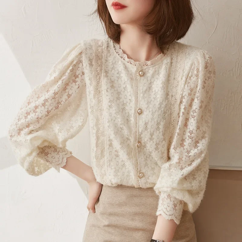 Autumn Winter French Lace Hollow Out Hook Flower Sweet Fairycore Lantern Sleeve Petal Neck Button Pearls Blouse Tops Loose Women