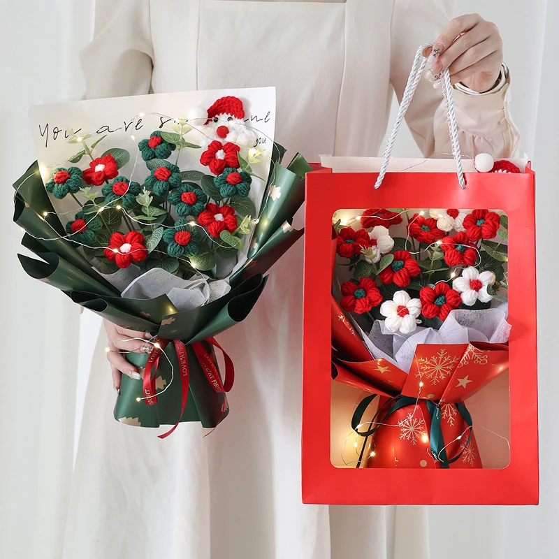 Crochet Flowers Christmas Decoration Flowers Santa Claus Christmas Gift Xmas Flower Bouquet Flores Arificiales Decoracion