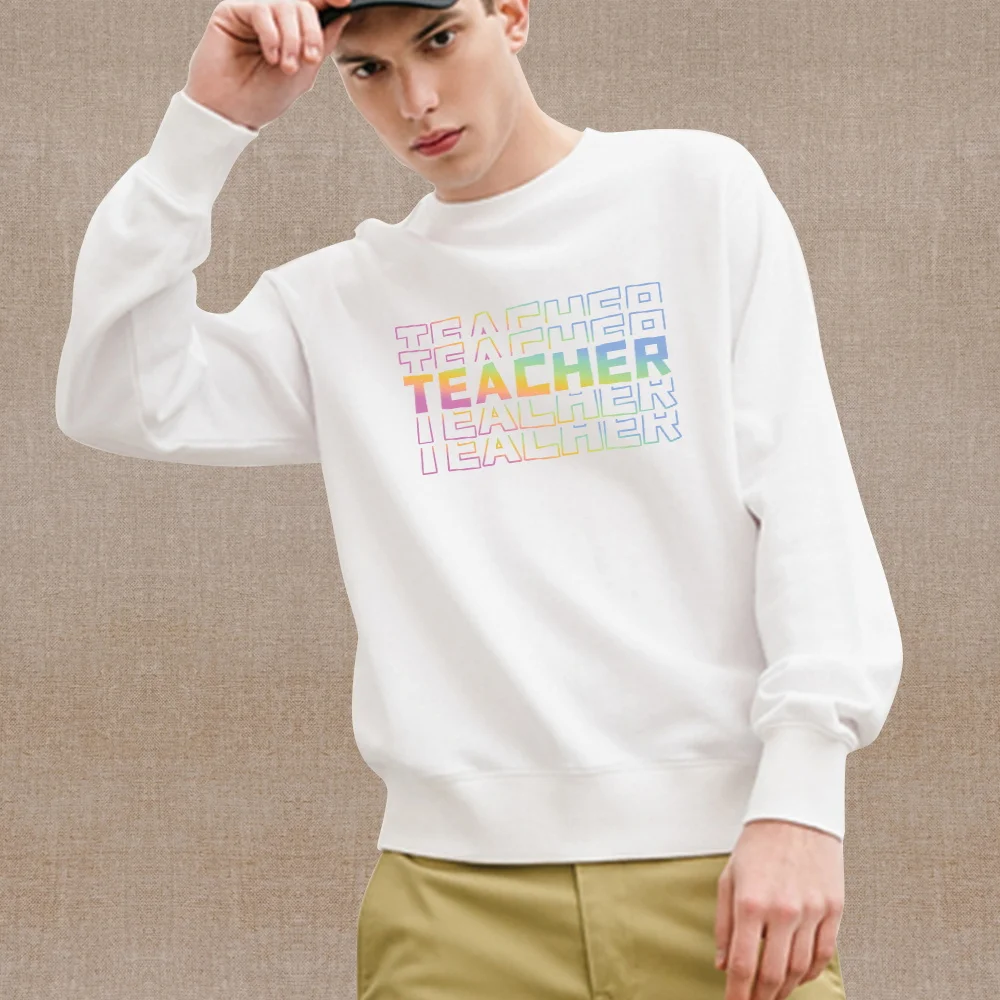 New Lightweight Men's Clothing Men's Hoodie White Long Sleeve Winter Warm Casual Pullover Teacher Printed Crewneck Sweatshirt