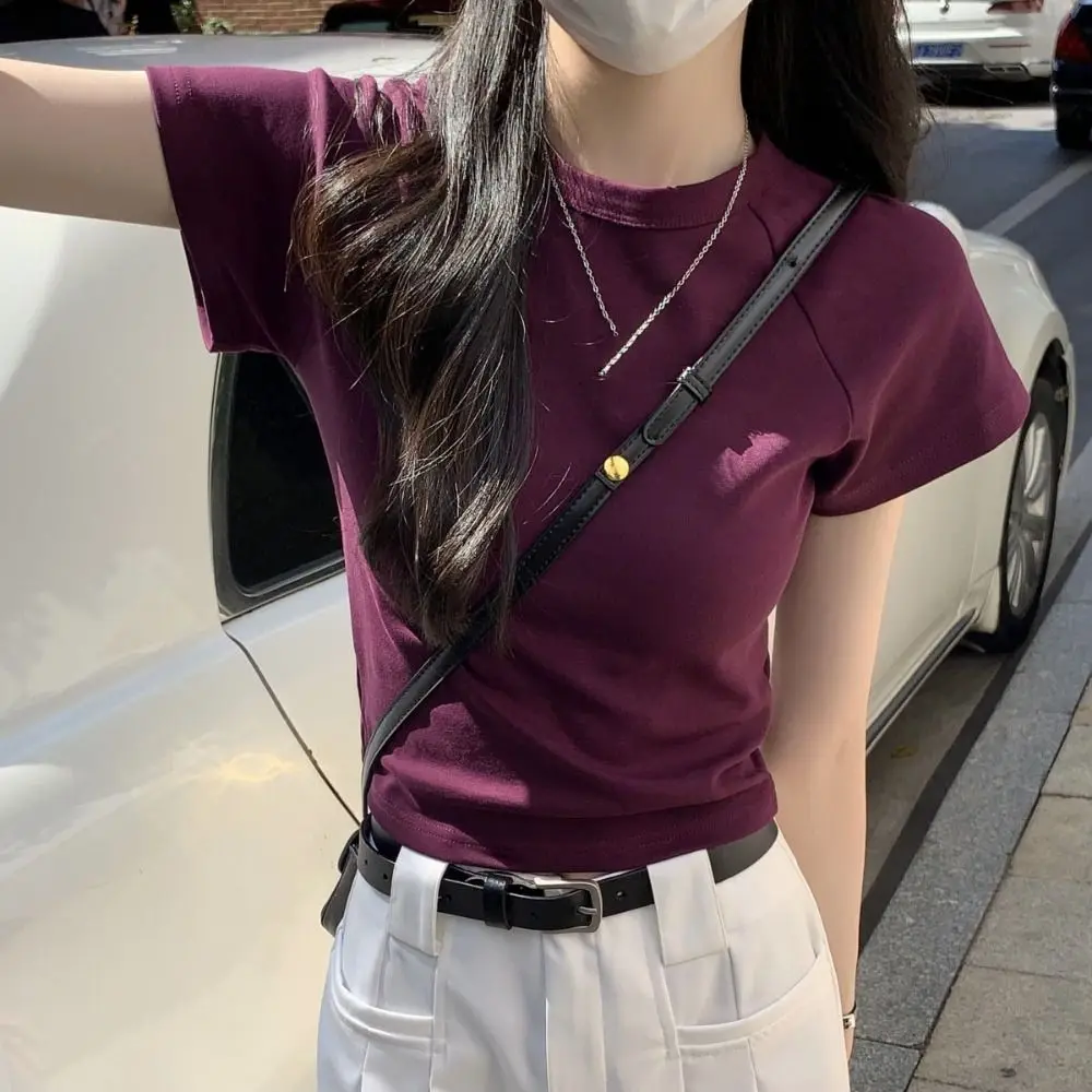 

Simple Solid Color Short Sleeve T-shirt Chic Slim Fit Y2K Crop Top Sweet Korean Style Tees Shirts Women Streetwear