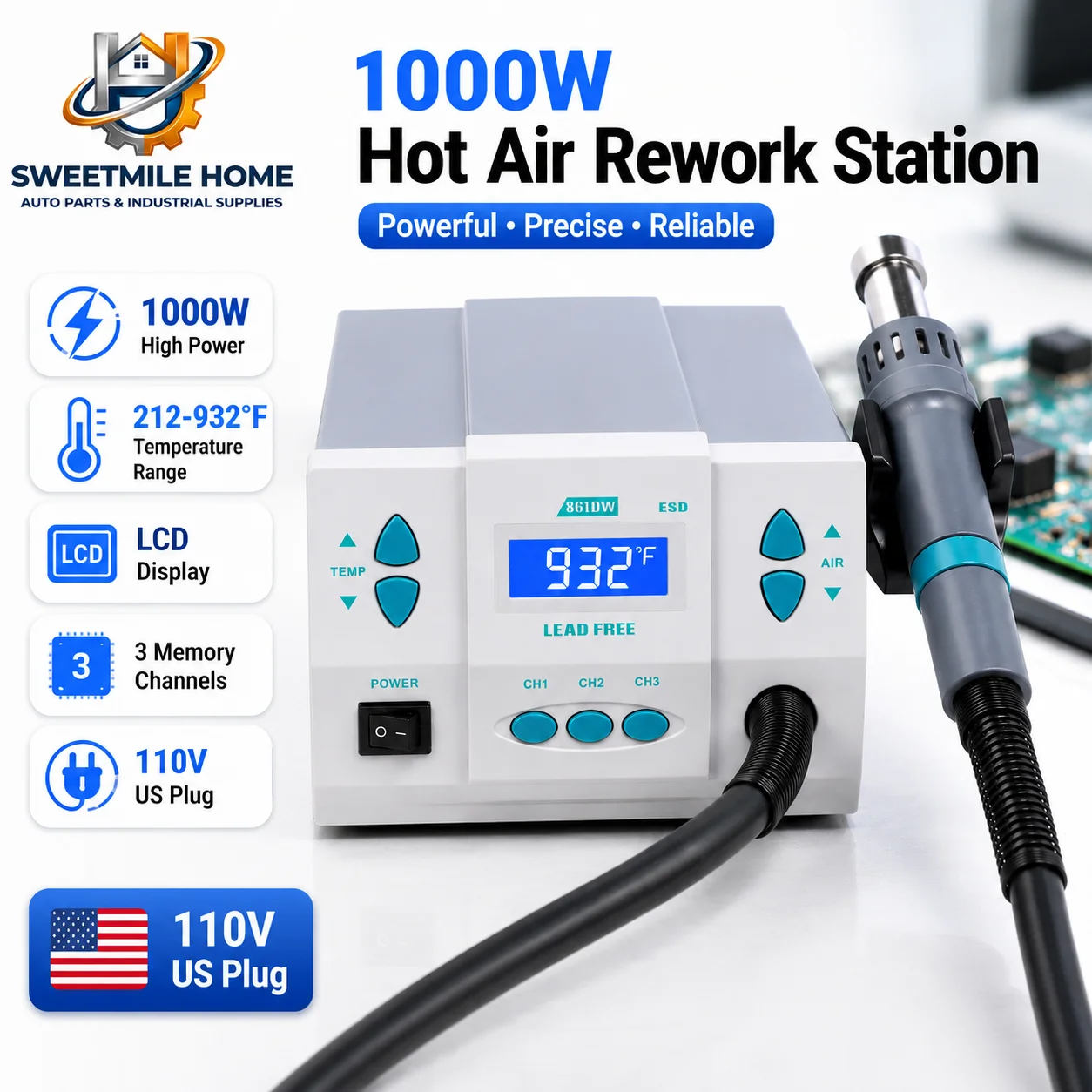 1000W Hot Air Rework Station 110V US Plug Soldering Station 