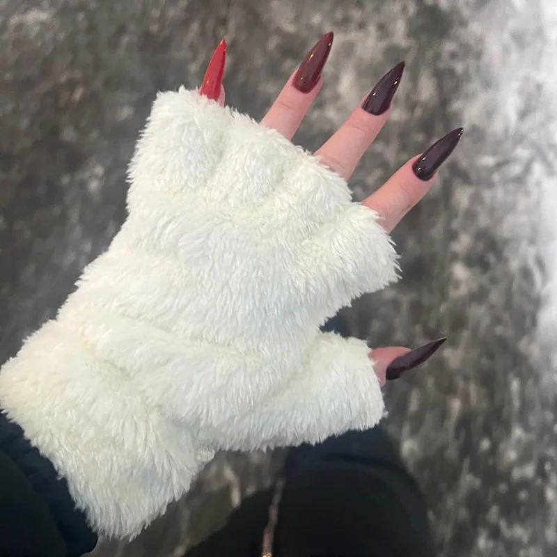 Kawaii Cute Cat Paw Fluffy Claw Fingerless Gloves Warm Soft Plush Women Half Finger Plush Mittens Winter Wear Christmas Gifts