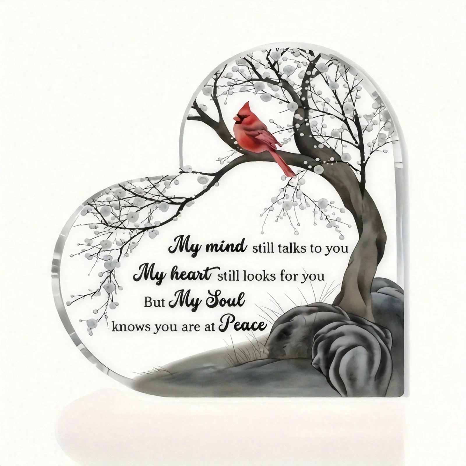 Regalo Conmemorativo de Corazón de Acrílico - Placa Roja con Diseño de Flor de Cerezo y Cardenal, Letrero Inspirador con la Frase "Mis Pensamientos Te Aún Hablan"