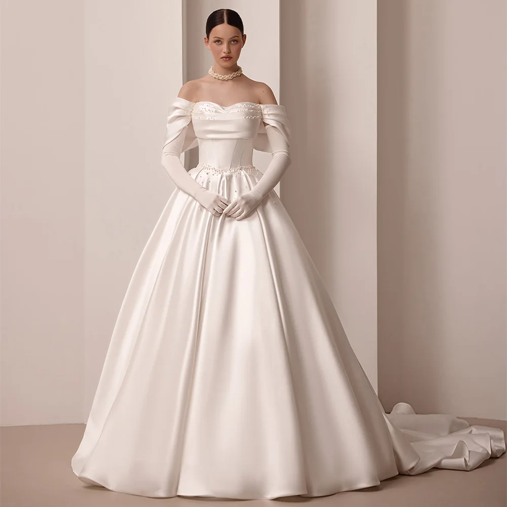 فستان الزفاف الحديث مخصص قبالة الكتف الحبيب اللؤلؤ ألف خط قطار المحكمة الساتان ثوب الزفاف Vestidos De Novia