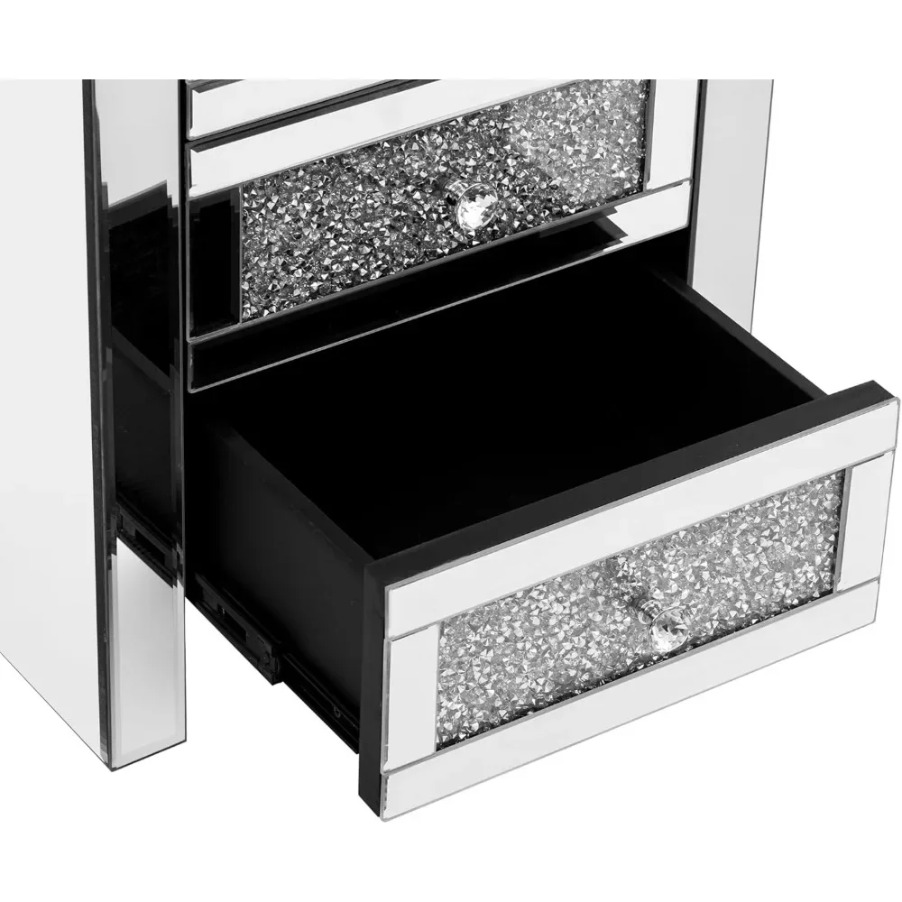 Nightstand, LED Lights and Wireless & USB Charging with Crystal Inlays, Mirror Finish and 3 Drawers, Silver Nightstand image 4