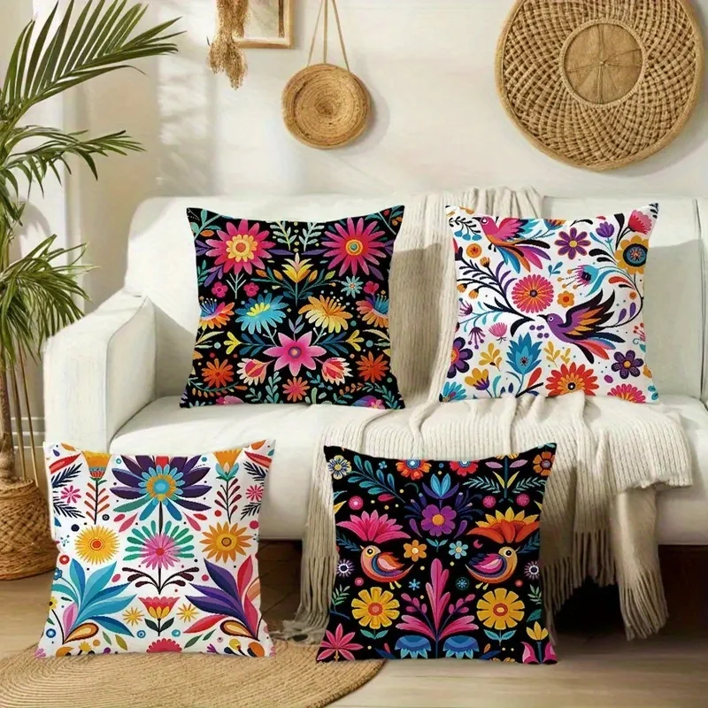 

4Pcs Boho Mexican Throw Pillow Covers, Colorful Otomi Floral and Bird Art Cushion Cases for Bedroom Sofa Couch Home Decor