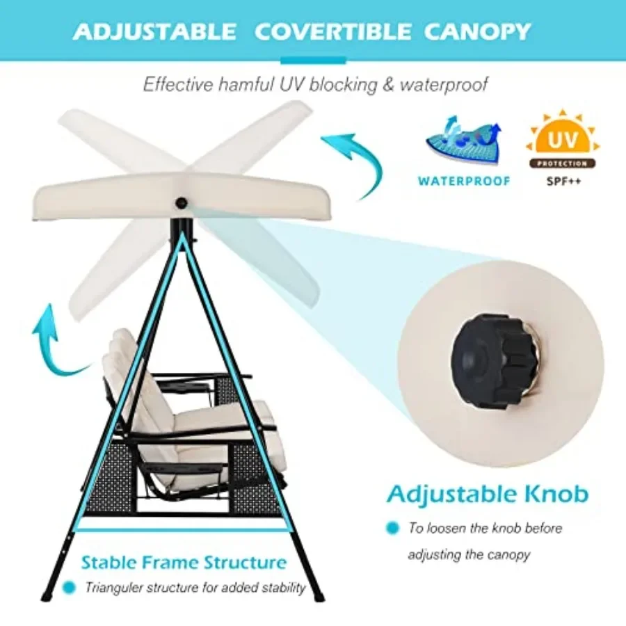 3-Seat Outdoor Patio Swing Chair for backyard use, steel frame with beige fabric, adjustable canopy and retractable side table,