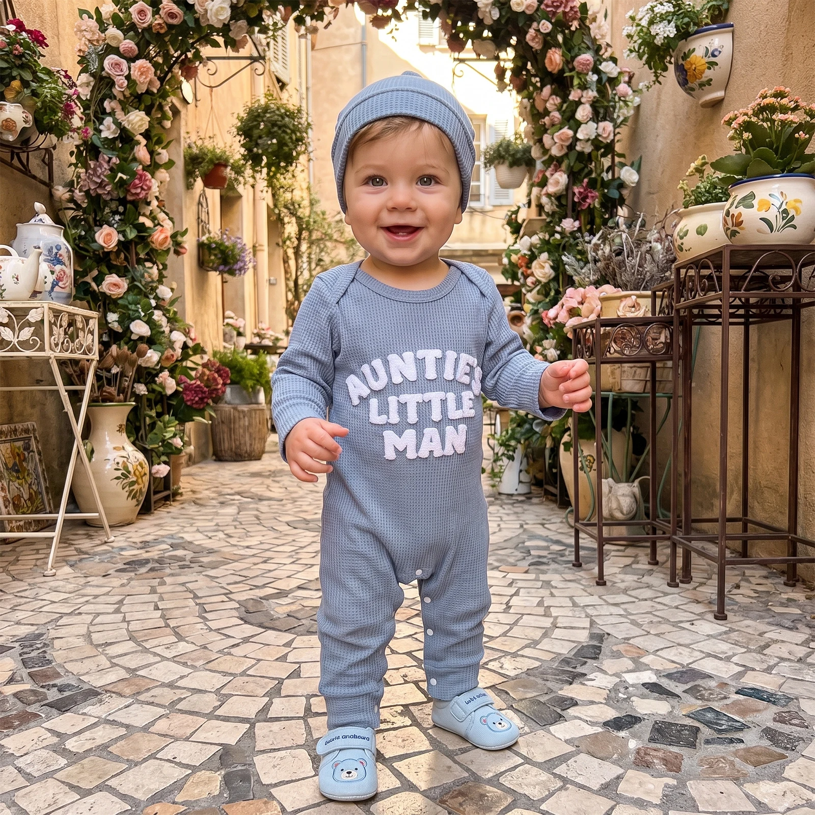 Baby Boy Fall Outfit Waffle Crew Neck Long Sleeve Romper and Hat 2 Pcs Set
