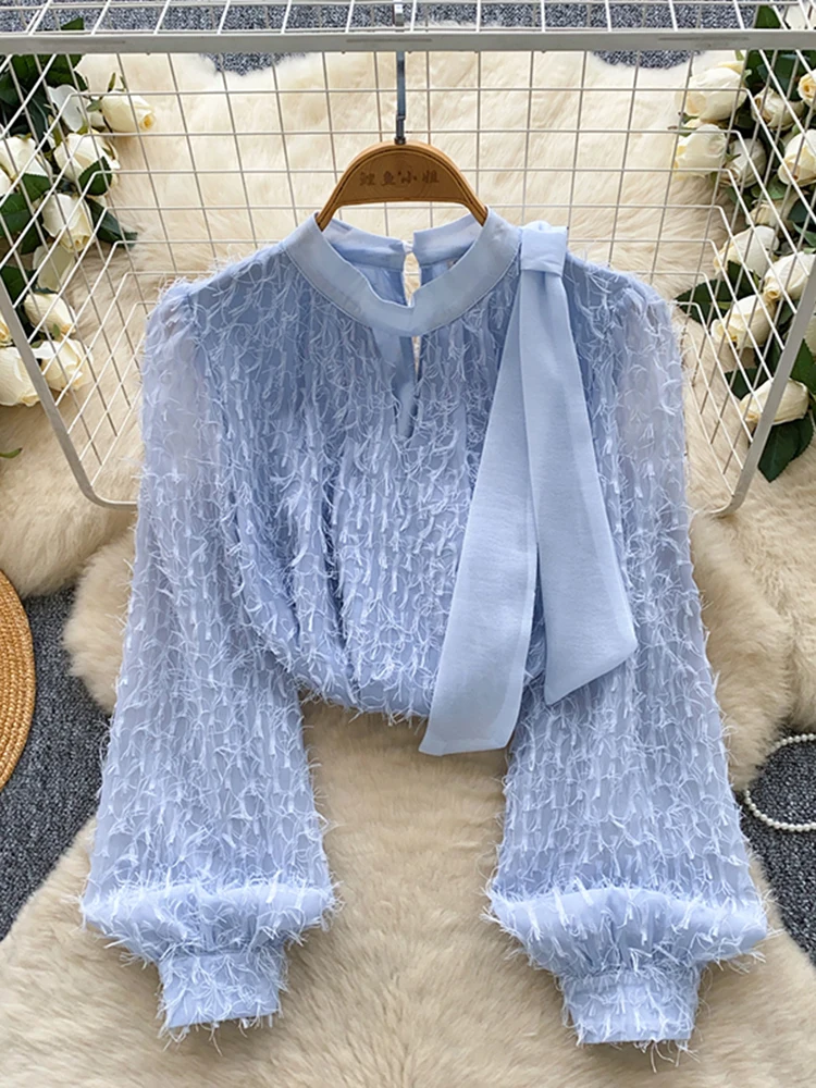 

Spring Autumn Women's Bow Round Neck Lantern Sleeve Hairy Tassel Blouse Top New French Fashion Elegant Versatile Top S198