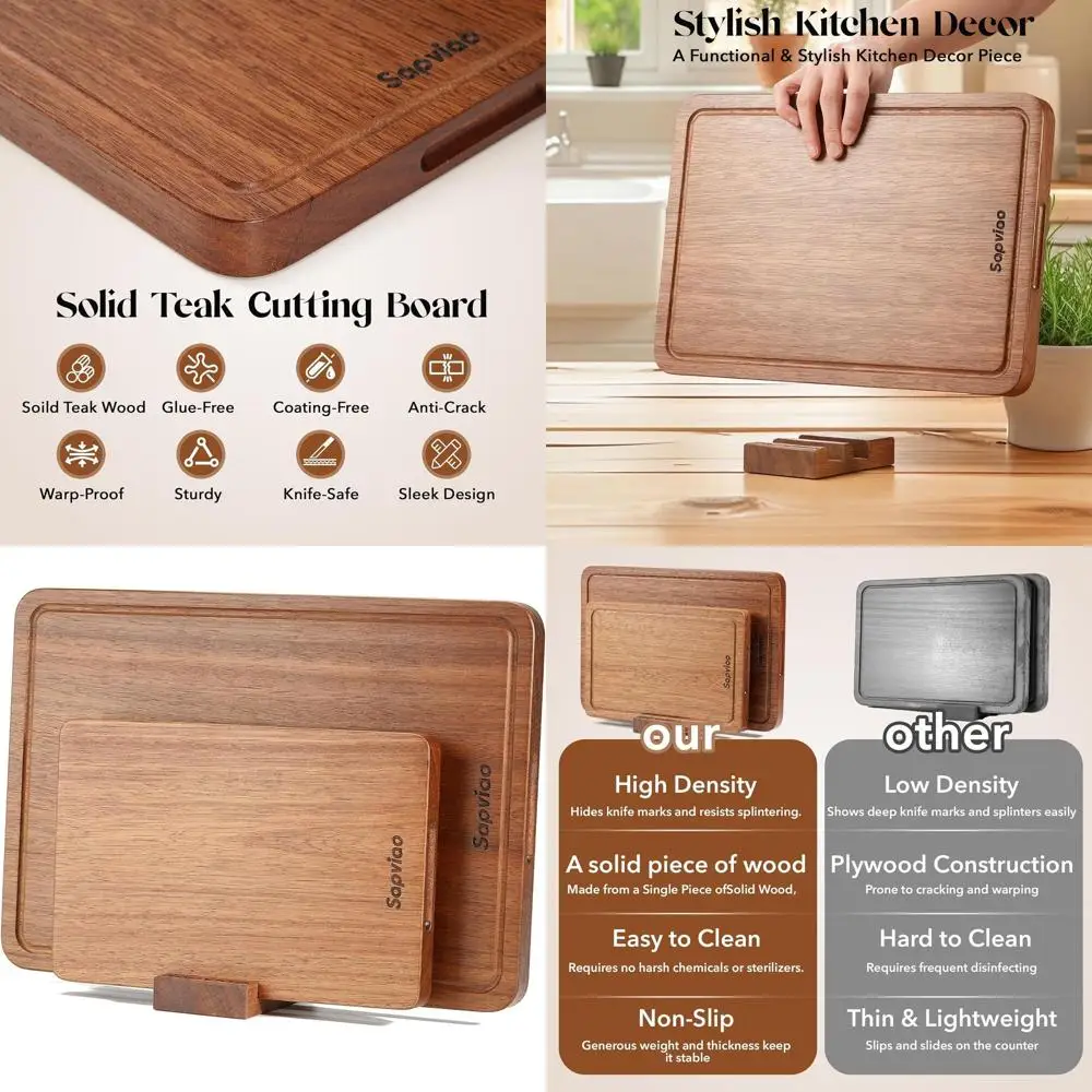 

Solid Teak Wood Chopping Board Set with Deep Juice Grooves, Built-in Handles, 15.7x11.2 & 11.8x7.9 Inches