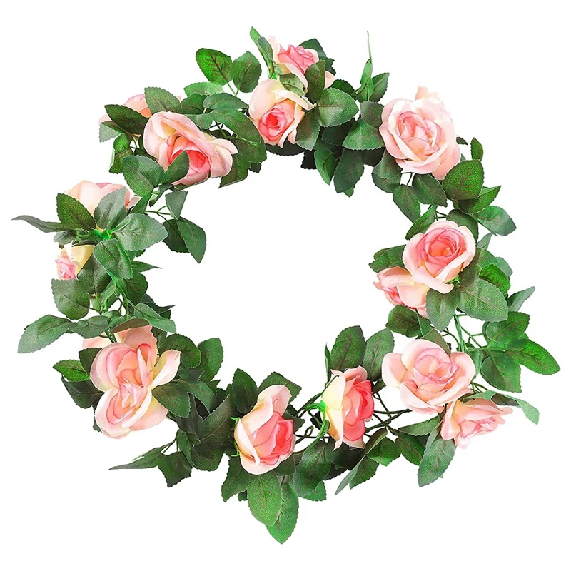 Artificial Rose Garland, 2 Pack 15 FT Pink Fake Rose Vine Hanging Flowers Plants Faux Flower For Wedding Home