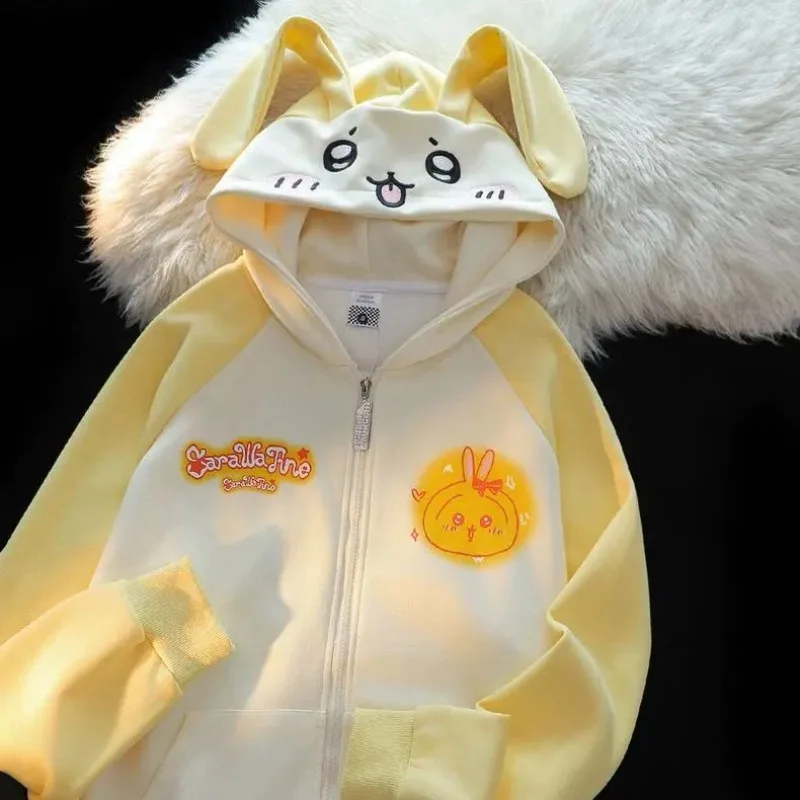 Sudadera con capucha con Orejas de conejo Kawaii japonés, cárdigan blanco y azul, Top de punto holgado de manga larga para primavera y otoño