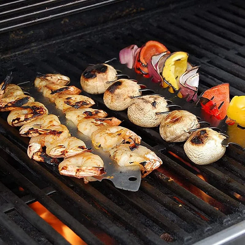 Espetos De Camarão De Aço Inoxidável, Ferramentas De Prata, Acessório BBQ, 2Pcs