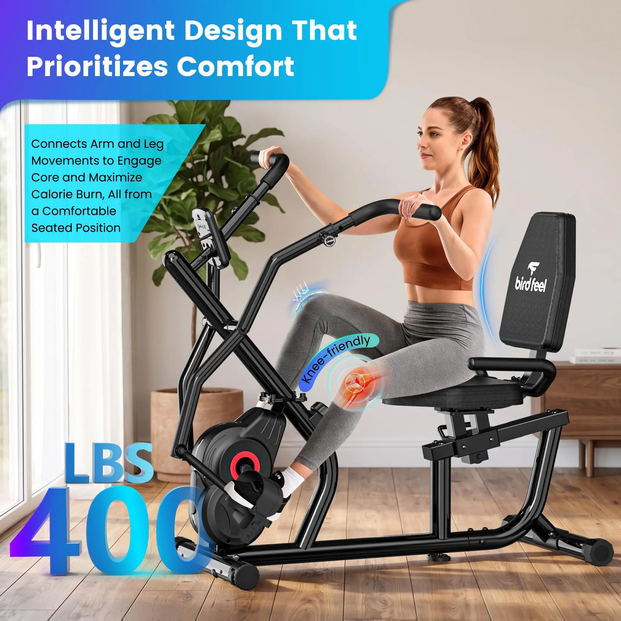 Recumbent Exercise Bike with Arm Exerciser, Soft Adjustable Seat for Home