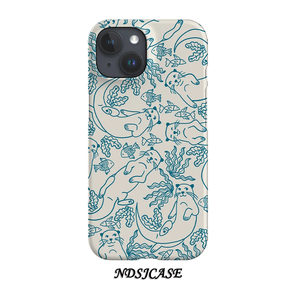 Otter Scatter Coral Reef Line Art funda de teléfono iPhone 17 16 15 14 13 12 11 Air Pro Max XS XR 6 7 8 Plus película brillante cubierta dura de PC