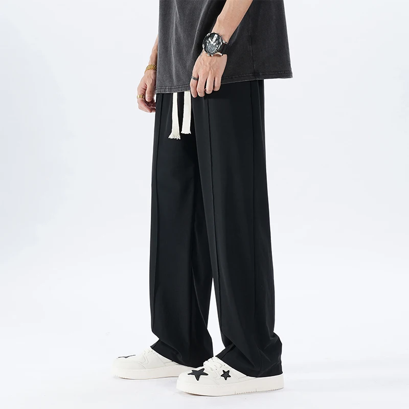 Draping straight leg pants for men's ice silk spring/summer casual sports pants, wide leg high-end small suit pants