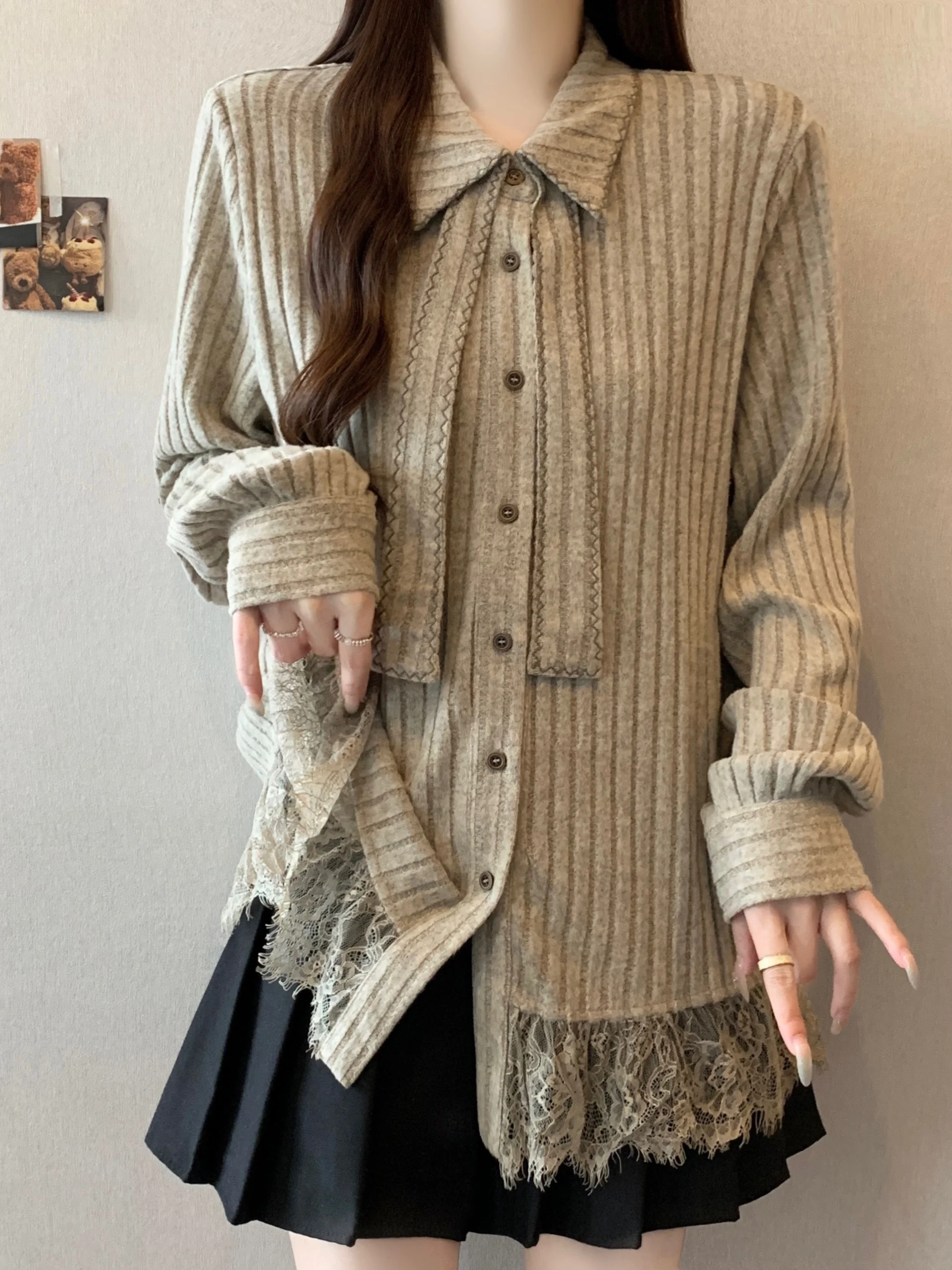 

Женская футболка больших размеров с длинным рукавом и кружевом, свободного кроя, базовый слой, топ с высокой талией, вязаный из полиэстера, удобный, дышащий