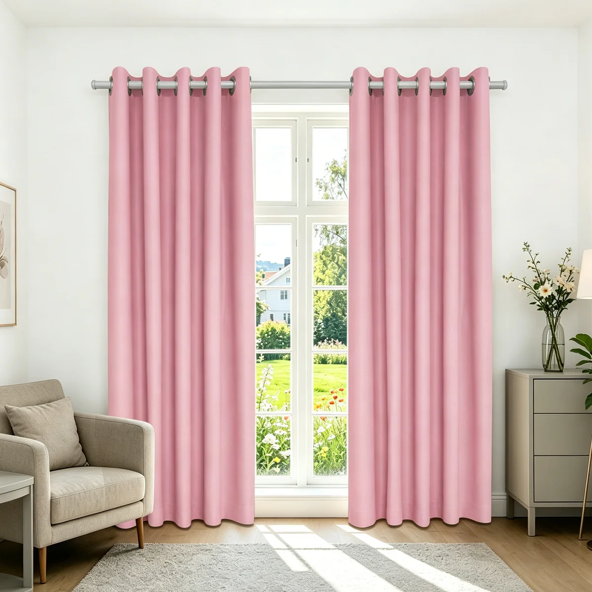 Pink High Density Blackout Curtains, Eyelet Punch Hole Solid Window Drapes for Bedroom Living Room Nordic Home Decor