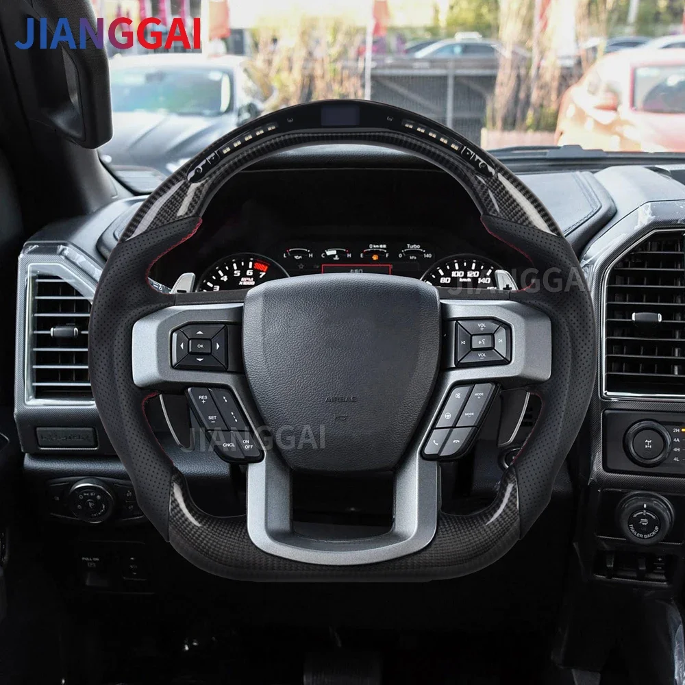 

Carbon Fiber Steering Wheel For Ford Raptor F150 2015-2020 Perforated Leather LED Steering Wheel Car Accessories