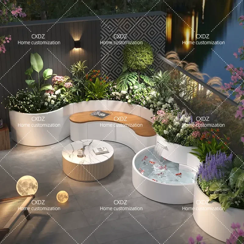 Stainless Steel Curved Water Feature Fish Pool with Flower Box Bench Combo for Balcony Garden Landscape Planting Customizable