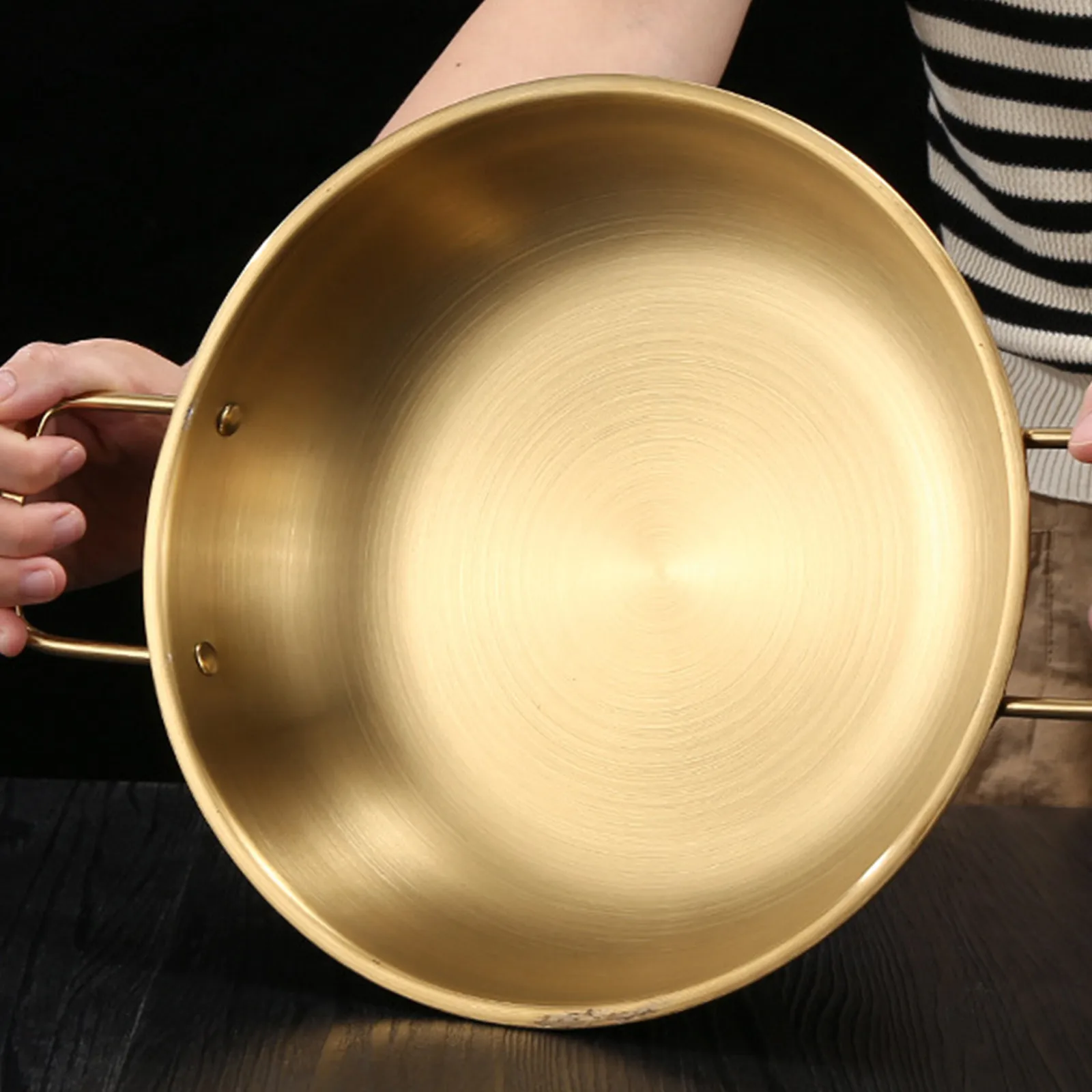 ¡En stock! Olla de acero inoxidable para fideos instantáneos, olla individual pequeña para hotpot, olla seca dorada de doble asa y fondo plano