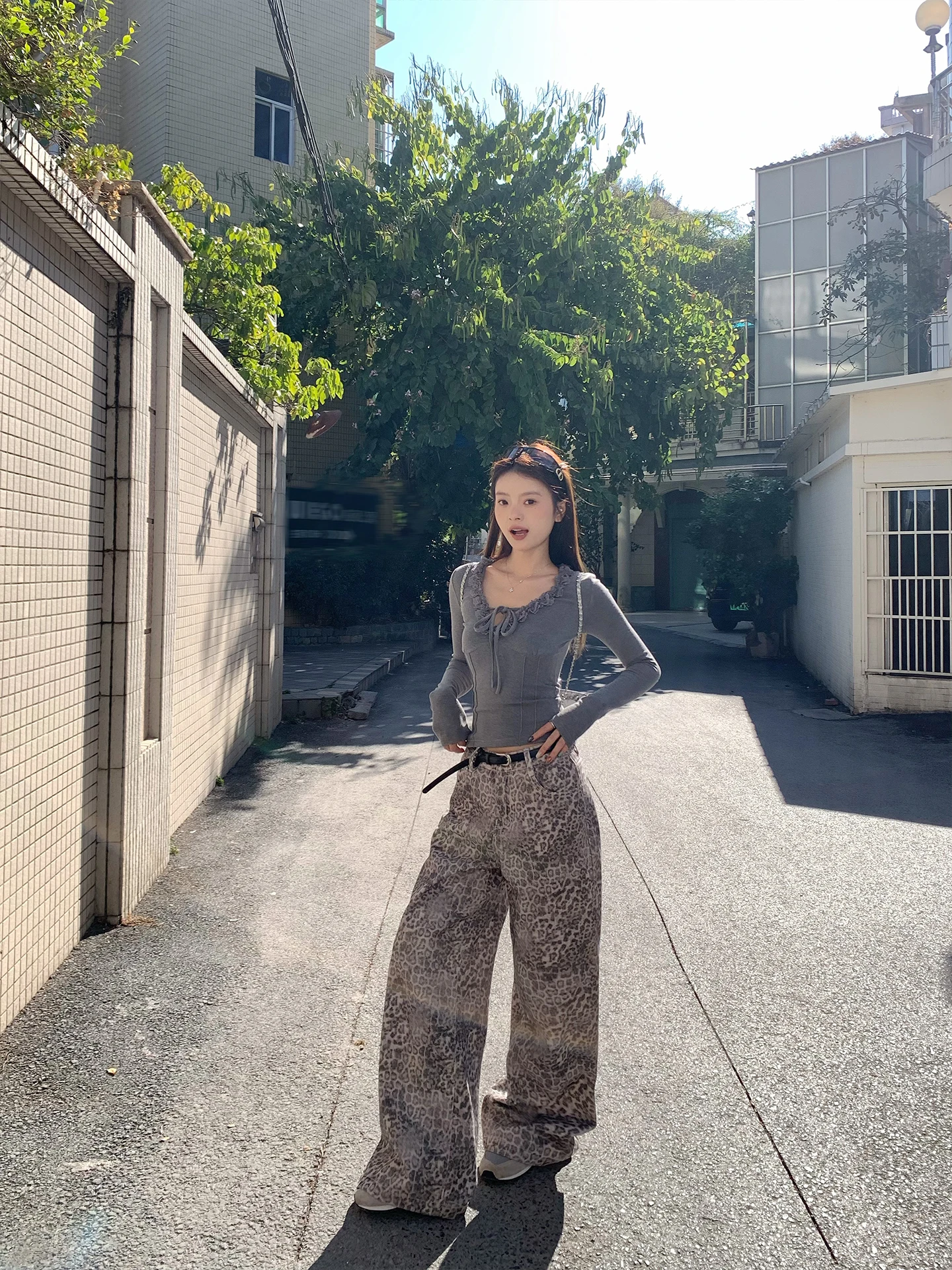 

American Sle High Waist Wide Leg Denim Pants Women's 2026 New Design Casual Loose Slimming Long Trousers Leopard Print