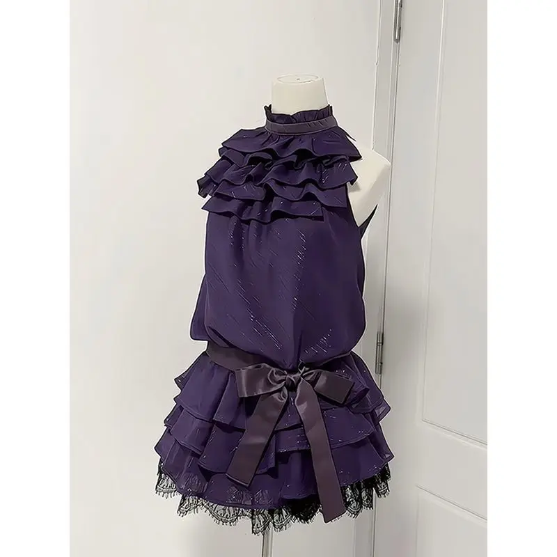 

New Purple Halter Sleeve All Match Spliced Pleated Loose T Shirts Y2k Japanese Harajuku Bow Lace Up Girl Top Summer Clothes