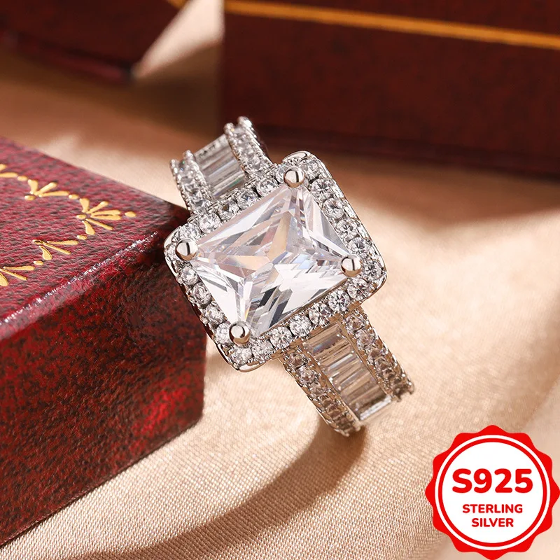 Exquisite and Versatile Authentic S925 Silver Four-prong Square Zircon Engagement and Proposal Ring for Women