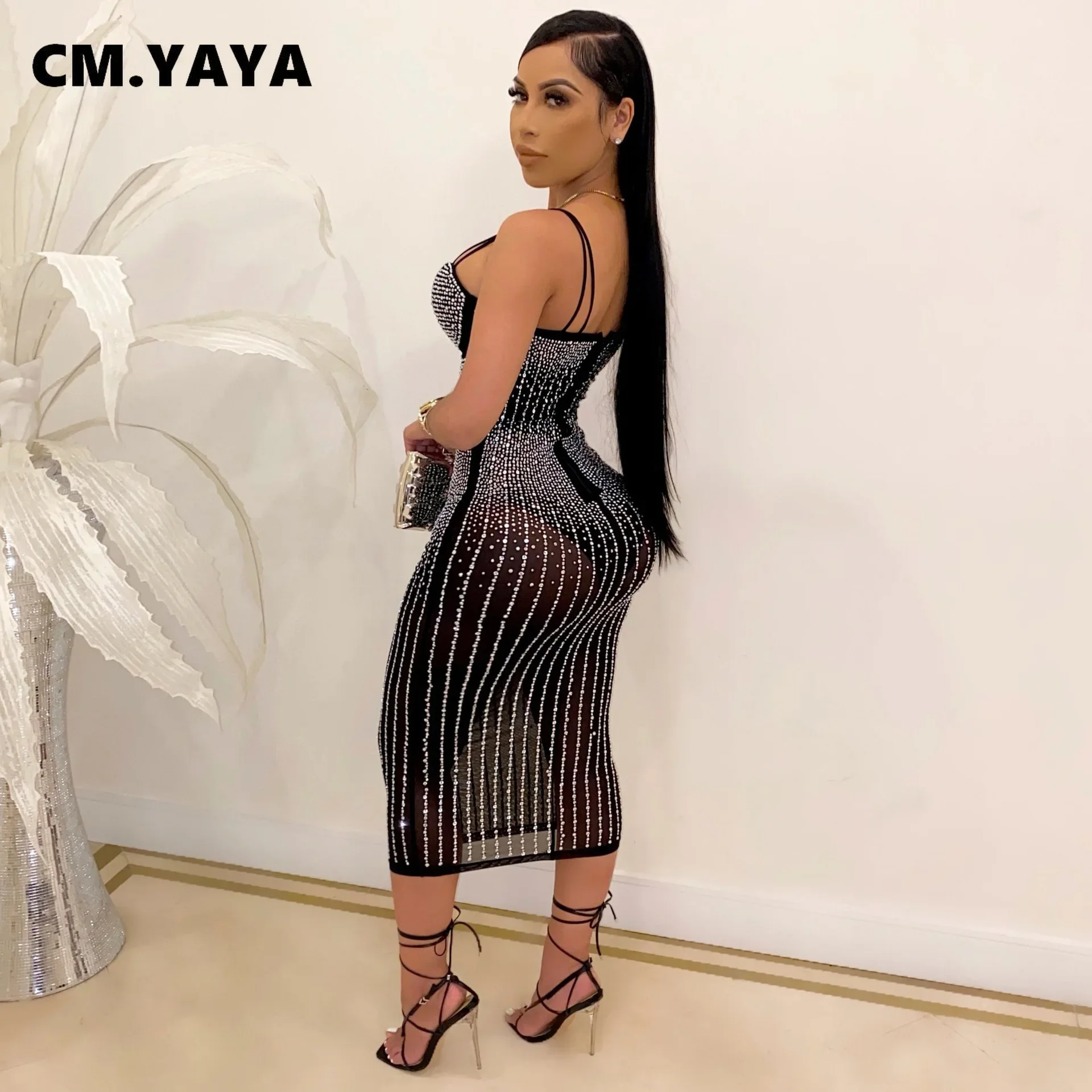 CM.YAYA Mesh See Though Hot Rhinestones Plunging V-neck Midi Bodycon Dress  Women Sexy Club Party Dresses Pencil Vestidos