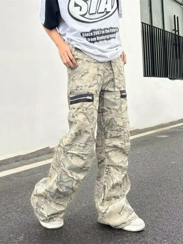 American Retro Camouflage Work Pants Men's Summer High Street Vibe Loose Straight Leg Wide Leg Casual Long Trousers Trendy