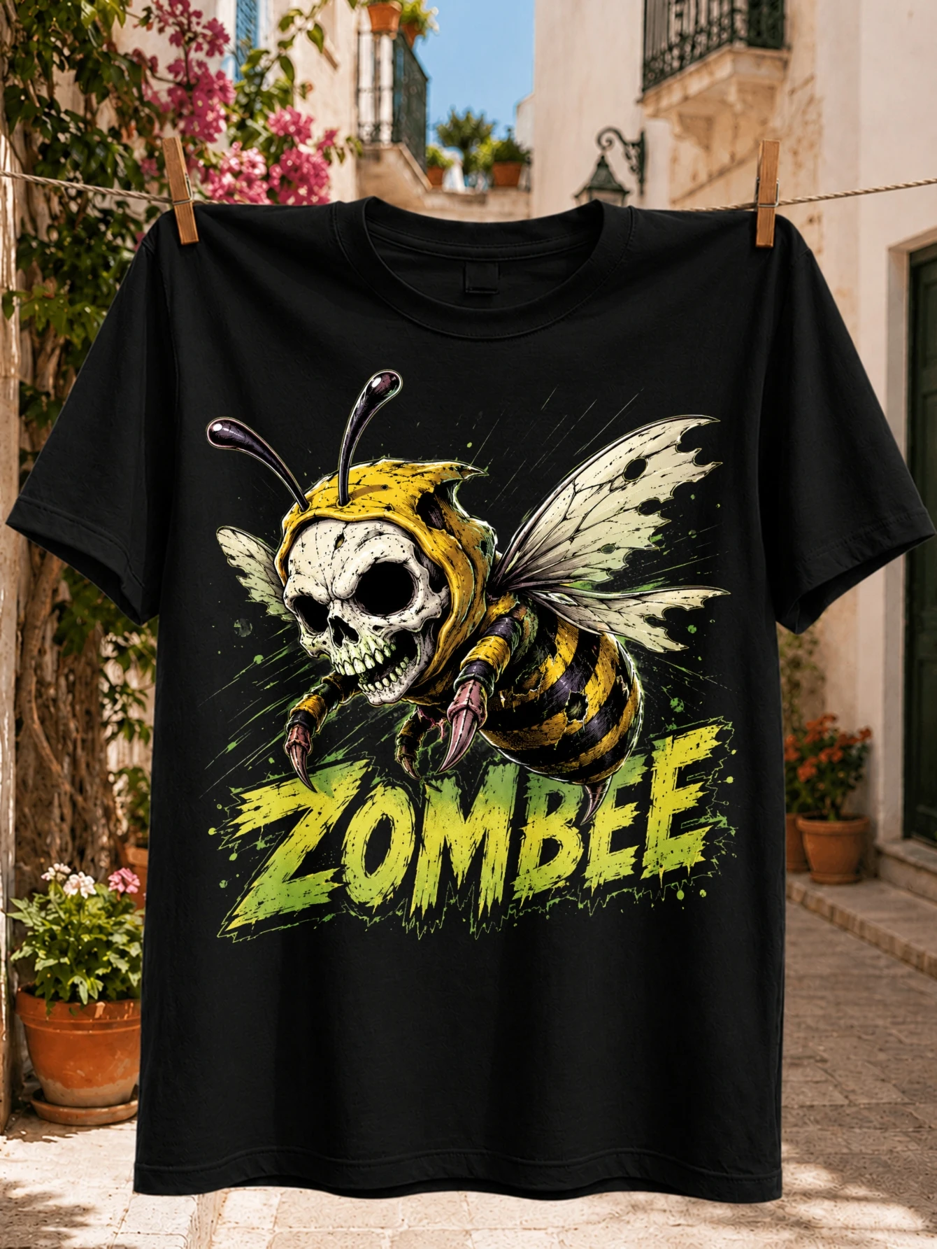 Zombee Flying Bumblebee with Torn Wings Green Splatter Yellow Stripes and Bold Horror Comic Word  Unisex All T-Shirt