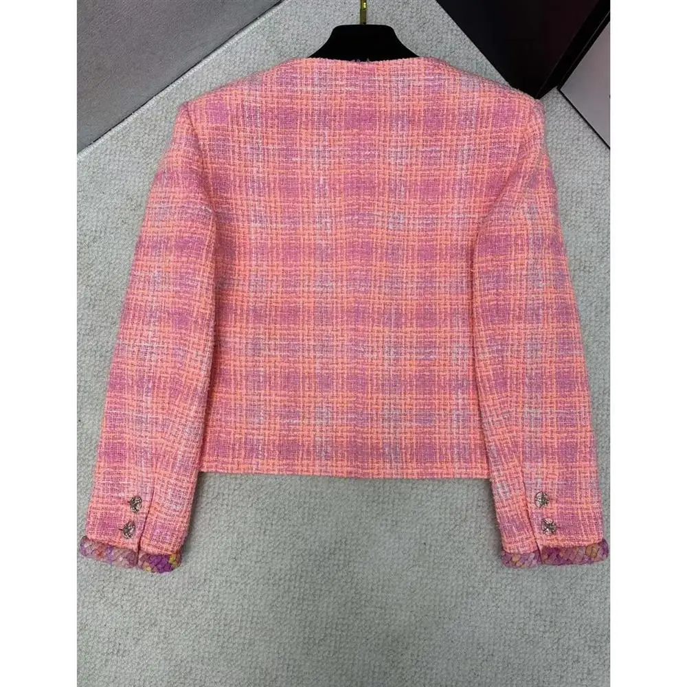 Early Spring Soft Flower Tweed Jacket Women's round Neck Braid Patterned Orange Floral Outerwear Luxury Style Casual Wear view 2