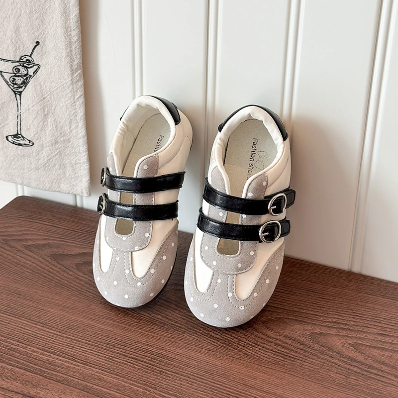 Girls Silver Polka Dot Mary Jane Shoes Double Buckle Strap Hollow Cutout Soft Flat Sole Sweet Princess Matching Casual Footwear