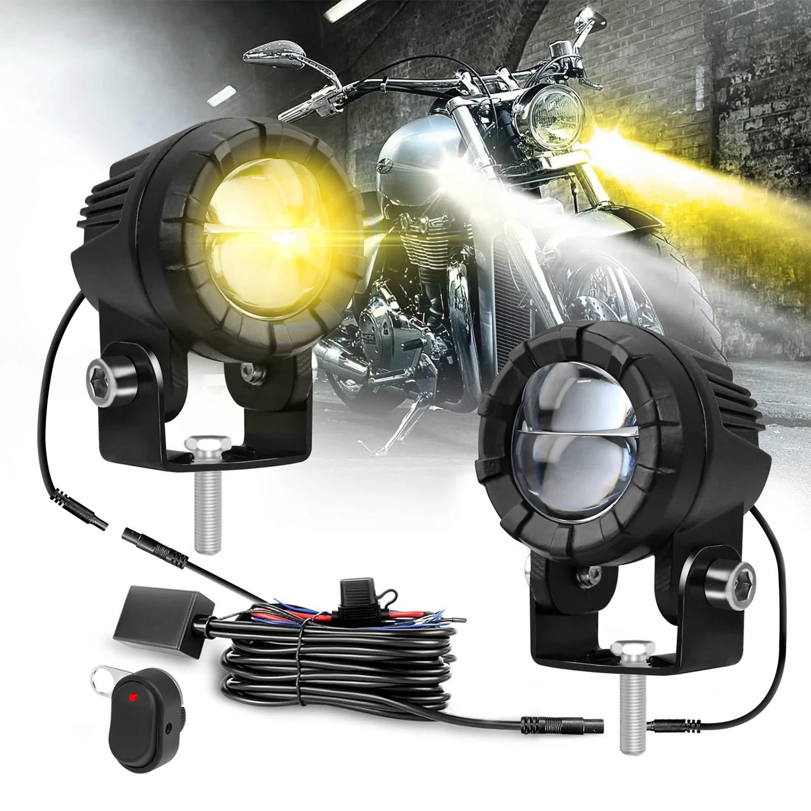 

2pcs LED Spotlight Auxiliary Driving Light for Motorcycle Scooter White Yellow High Low Strobe 30W 3000LM 9-32V Fog Work Light
