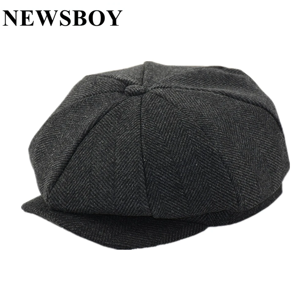 NEWSBOY Wool Mens Hats Vintage Herringbone Flat Cap Woolen Autumn Winter Male Beret Hat Black Coffee