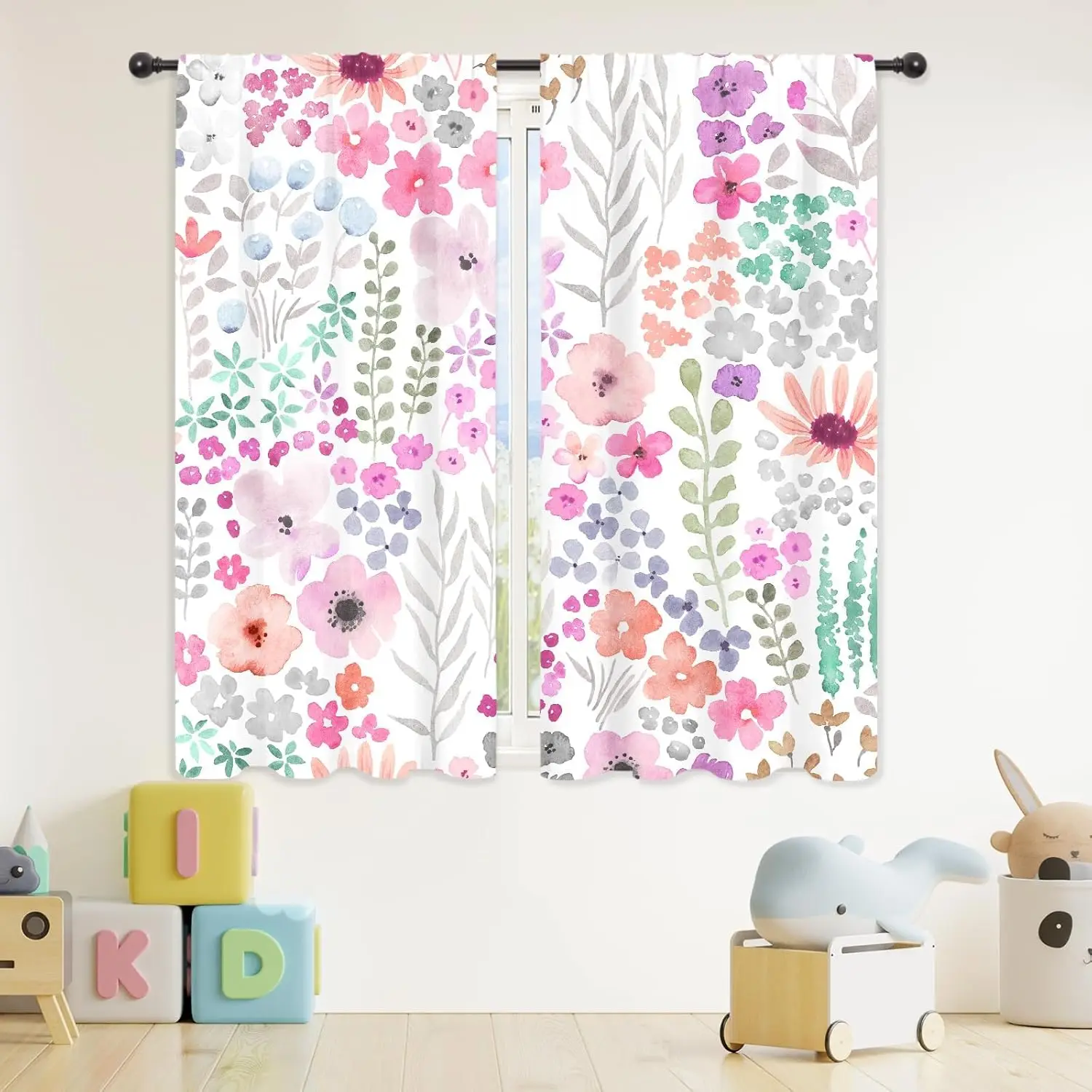 Purple Floral Colorful Curtains Cute Watercolor Flowers Leaves Plants Leaves Girly Botanical Modern Rod Pocket Preppy Funny