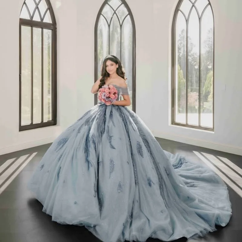 

Shiny haze blue Quinceanera Dress glitter flower crystal Decal Long tail Vestidos De 15 Quinceanera ﻿Customize