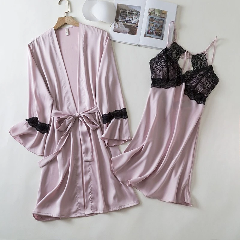 Female Twinset Lace Robe Set Summer Satin Kimono Bathrobe Gown Suit Lingerie Women Sleepwear Nightgown Home Dress Loungewear