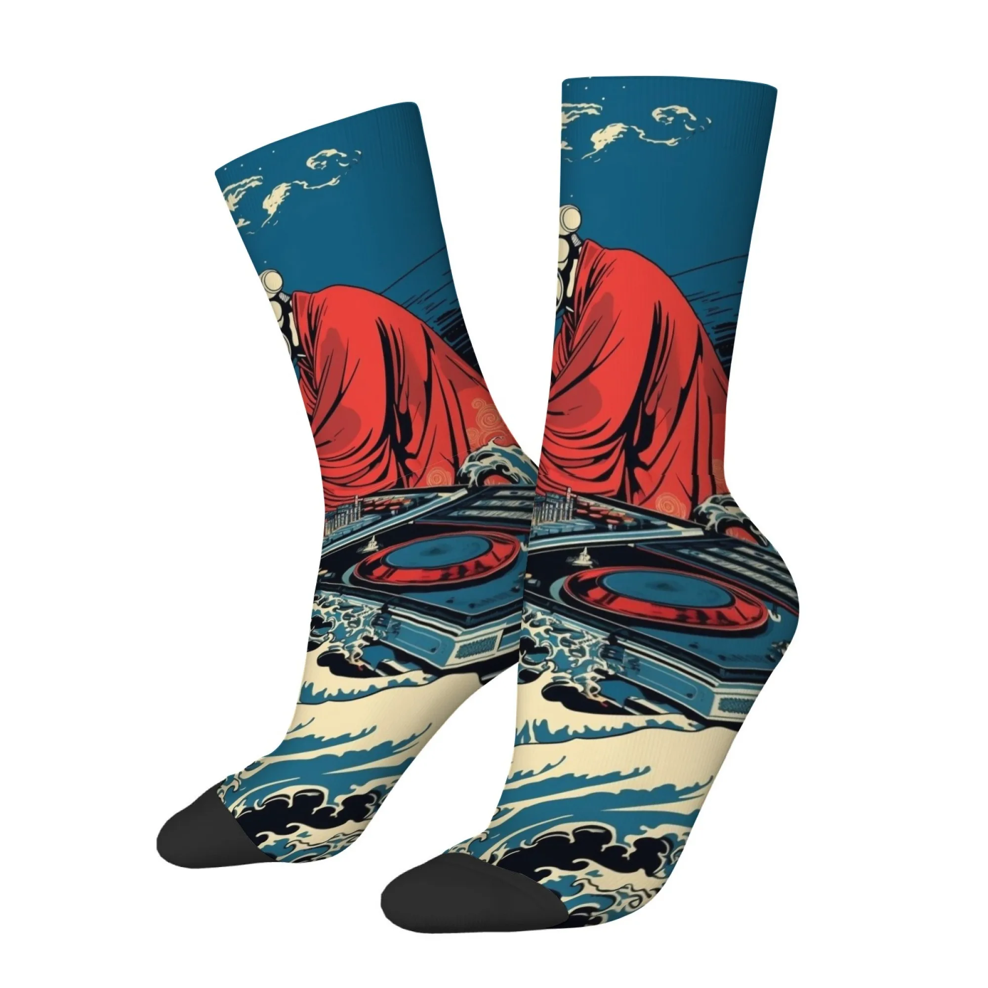 Cyber-style Ukiyo-e Kanagawa Surfing Monk Men Mid-calf Socks Vintage Futuristic Mix of Art and Daily Outdoors Sports Wear