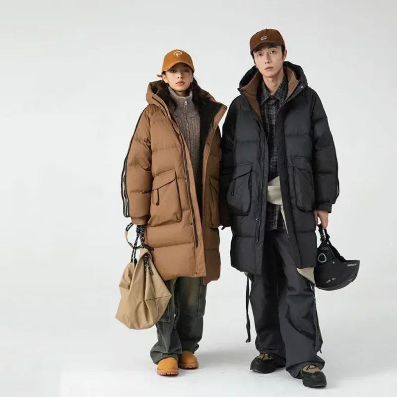

2025 Новый теплоизолированный пуховик средней длины для пар, зимние пальто из 50% утиного пуха для мужчин и женщин