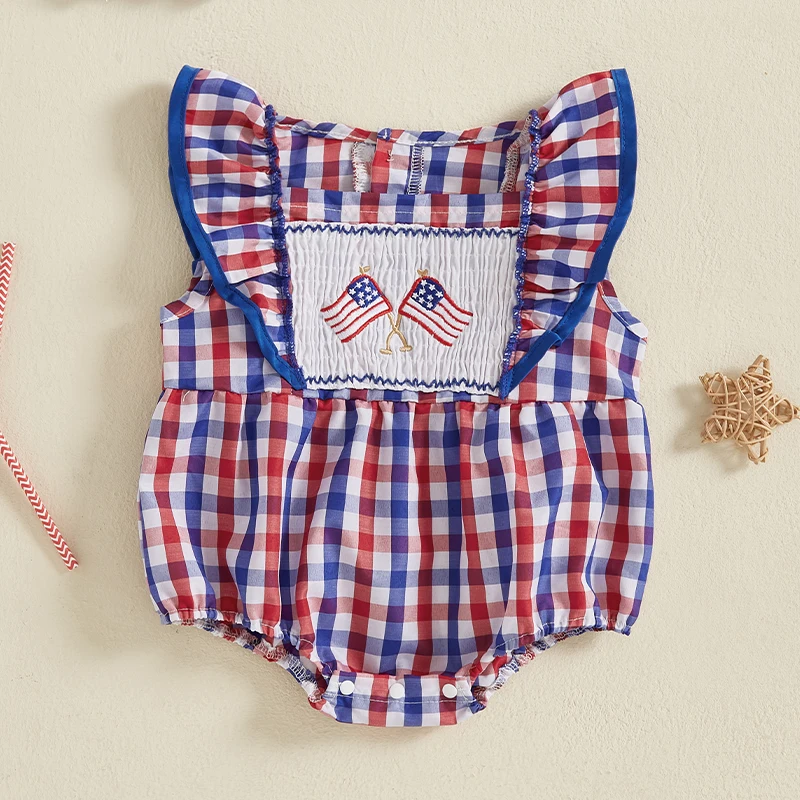 

Toddler Girls Patriotic Romper with Flutter Sleeves and American Flag Embroidery on Plaid Print - Fourth of July Jumpsuit