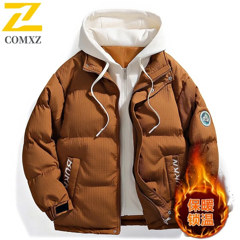 

COMXZ Мужская стеганая куртка Роскошный капюшон Корейская модная легкая парка Повседневная искусственная двухсекционная защита от холода Зимнее хлопковое пальто