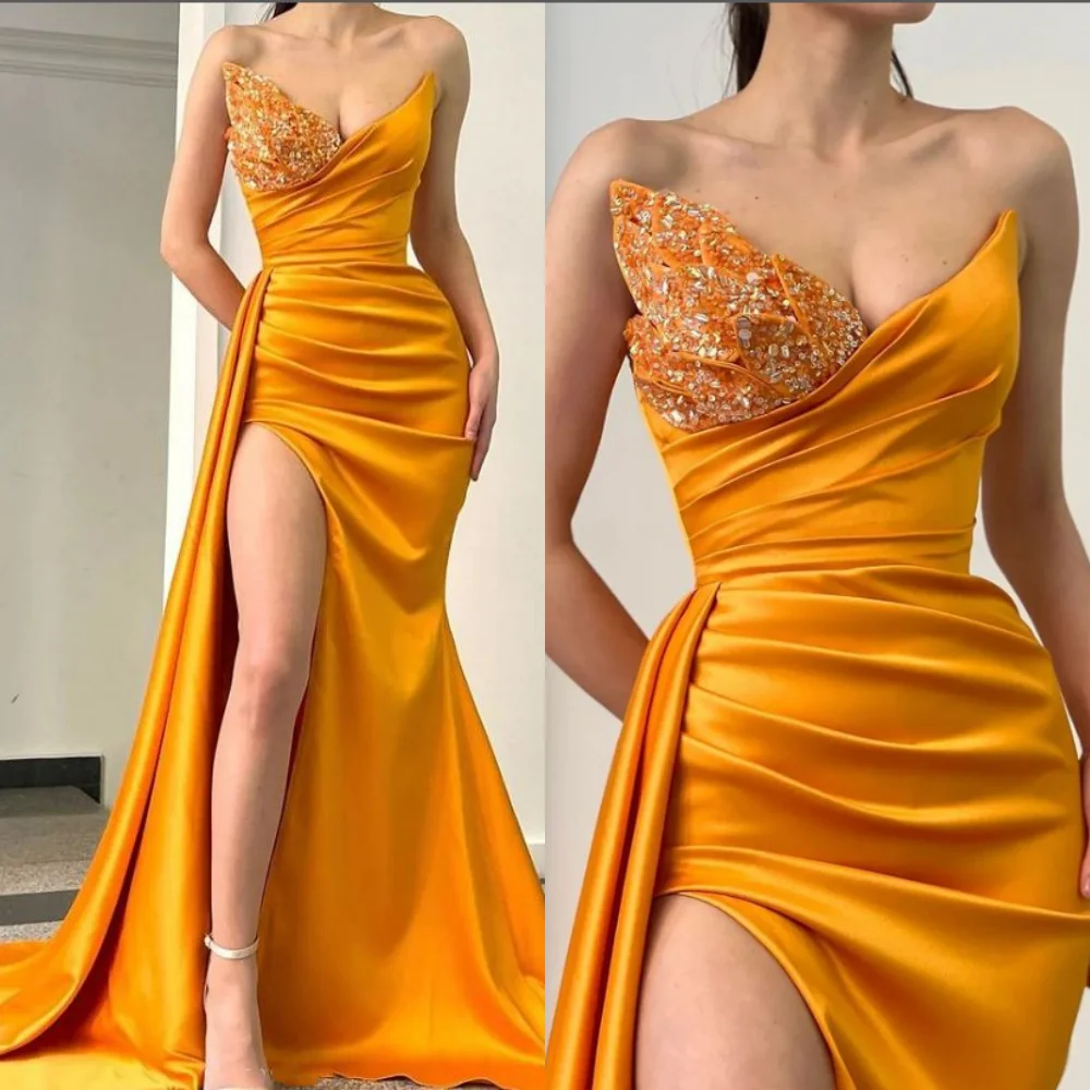 

Sexy High Quality Strapless A-line Sweep/Brush es Formal Ocassion Gown Paillette / Sequins Satin فساتين سهرة فخمه 2023