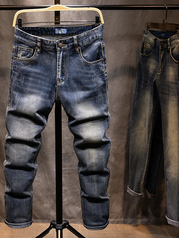 

Retro Waed Blue Denim Jeans Men's Slim Straight Long Pants Elastic mid Waist Zipper Fly Wear Resistant Vintage Sle