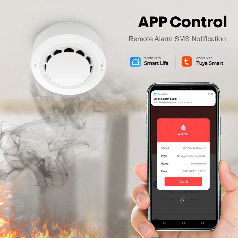 Tuya WiFi Photoelectric Smoke Alarm 80dB Smart Life APP Alert Fire Smoke Detector 2.4GHz No Hub Required