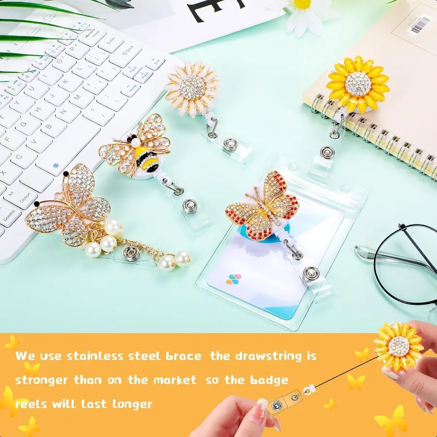 6 Pieces  Badge Reels Retractable Rhinestone Butterfly Badge Holders with Alligator Clip Bling Sunflower Bee ID Name Card Holde